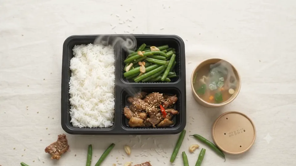 Hộp cơm Mekong Bếp có ba ngăn: món mặn, rau và canh, cơm