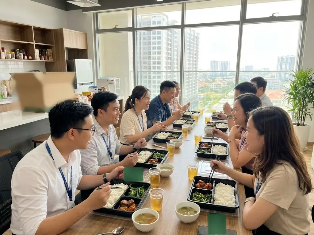 Đồng nghiệp cùng ăn trưa bên bàn ở văn phòng, mỗi người một hộp cơm